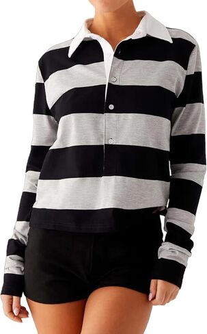 سويت شيرت بولو مخطط للنساء، قمصان كبيرة الحجم بأكمام طويلة للرجبي، أزياء الخريف، فضفاضة، كتلة الألوان، بلوفر علوي in Kuwait