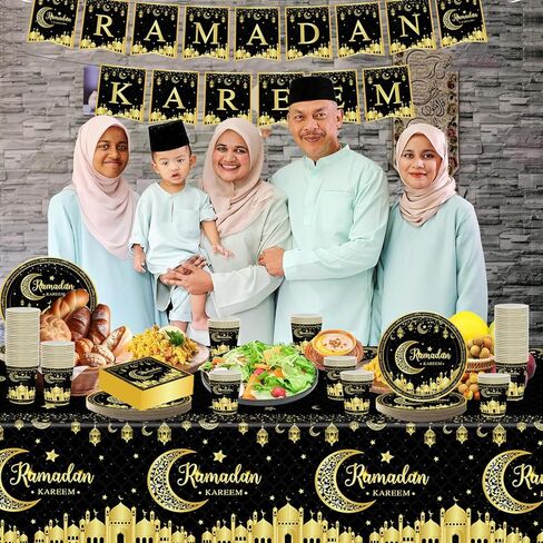 مجموعة أدوات مائدة رمضان مبارك، أطباق رمضان عيد مبارك، أكواب، مناديل، مفارش طاولة، لافتة لمستلزمات تزيين حفلات رمضان عيد مبارك (تخدم 24 ضيفًا) (أبيض، ذهبي) in Kuwait