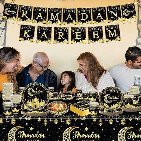 مجموعة أدوات مائدة رمضان مبارك، أطباق رمضان عيد مبارك، أكواب، مناديل، مفارش طاولة، لافتة لمستلزمات تزيين حفلات رمضان عيد مبارك (تخدم 24 ضيفًا) (أبيض، ذهبي) in Kuwait
