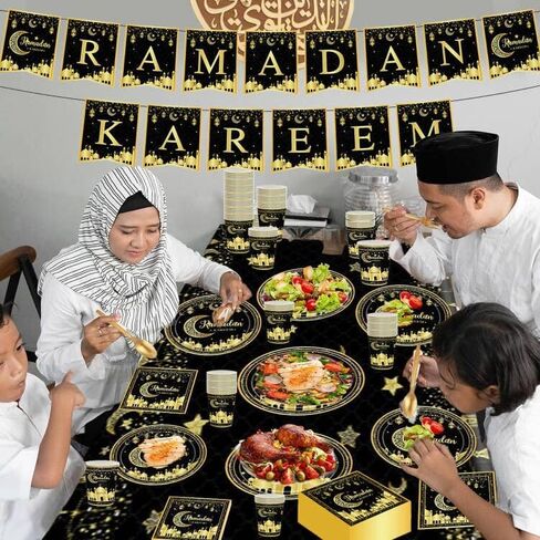 مجموعة أدوات مائدة رمضان مبارك، أطباق رمضان عيد مبارك، أكواب، مناديل، مفارش طاولة، لافتة لمستلزمات تزيين حفلات رمضان عيد مبارك (تخدم 24 ضيفًا) (أبيض، ذهبي) in Kuwait