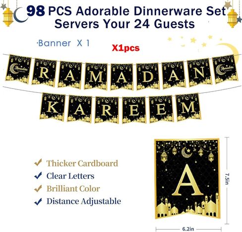 مجموعة أدوات مائدة رمضان مبارك، أطباق رمضان عيد مبارك، أكواب، مناديل، مفارش طاولة، لافتة لمستلزمات تزيين حفلات رمضان عيد مبارك (تخدم 24 ضيفًا) (أبيض، ذهبي) in Kuwait