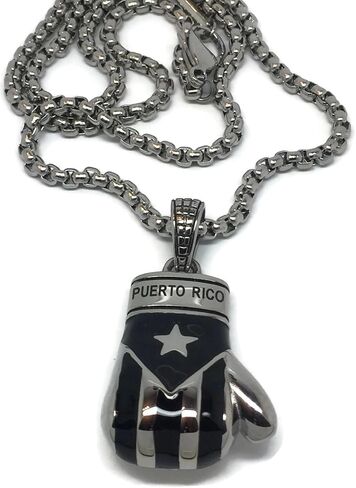 مجموعة قلادة وسلسلة من قفازات الملاكمة البورتوريكية الكبيرة من Papiichulo (أسود وفضي) in Kuwait