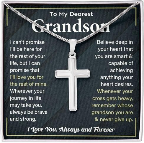 To My Grandson Necklace From Grandma Grandpa - Cross Link Men Chain Gift - Stainless Steel Birthday Christmas Jewelry With Message Card and Box #4 in Saudi Arabia