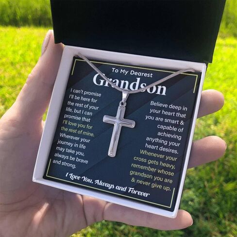 To My Grandson Necklace From Grandma Grandpa - Cross Link Men Chain Gift - Stainless Steel Birthday Christmas Jewelry With Message Card and Box #4 in Saudi Arabia