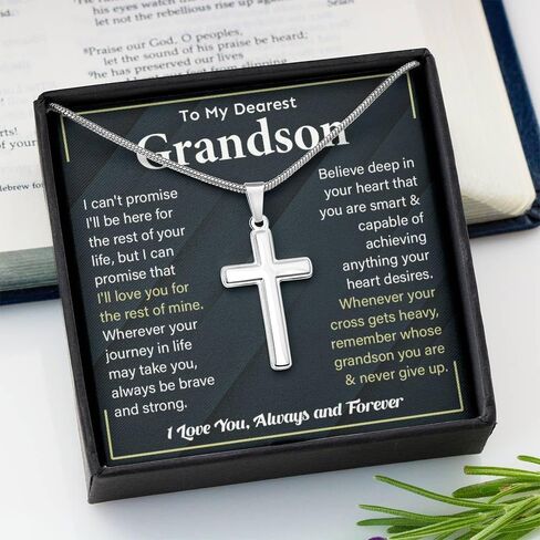 To My Grandson Necklace From Grandma Grandpa - Cross Link Men Chain Gift - Stainless Steel Birthday Christmas Jewelry With Message Card and Box #4 in Saudi Arabia
