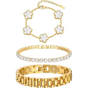 Stackable Gold Floral Bracelets Set - 3pcs 18K Gold Plated Bracelet Non-tarnish,Stainless Steel Link Chain Friendship Bracelet,Watch Band Trendy Jewelry,Christmas Valentines Birthday Gifts for Women in Kuwait
