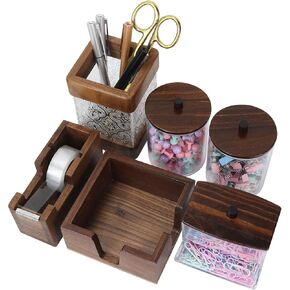 Buqoo 6-Piece Walnut Wood Desk Organizer Set, Pen Holder with Acrylic Insert, Tape Dispenser, Sticky Note Holder & Paper Clip Bow lfor School N Home Office Supplies in Kuwait