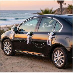 Just Married Car Door Handle Flower Decorations – 6-Piece White Velvet Rose & Iris Bouquet Set with Pearl Chains & Bride/Groom Window Decals for Wedding Cars in Saudi Arabia