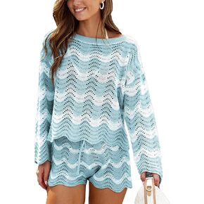CUPSHE Women's Crochet Cover Up Set Casual Striped Beach Cover Up Sky Blue, XL in Saudi Arabia