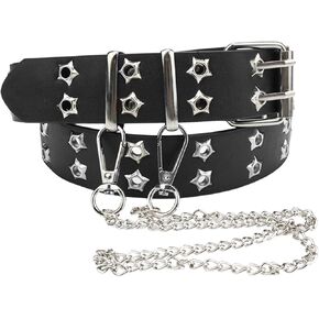 Women Men Double Grommet Studded Belt Punk Rock Gothic for Jeans Pants with Chain in Saudi Arabia