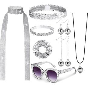 8 Pcs 70s Women Disco Accessories for Party - 70s Disco Accessories For Women, Disco Jewelry For Women With Sequin Scarf Diamond Headband Bracelet Glasses Necklace Earrings Scrunchie in Kuwait