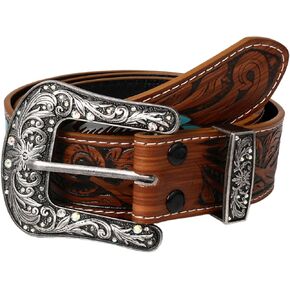 حزام راعية البقر الغربي للسيدات من Aroncent: حزام ريفي من الجلد البني المنقوش بالزهور مع أحجار الراين - إبزيم قابل للفصل in Kuwait