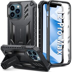 FNTCASE for iPhone 12-Pro-Max Phone Case: with Built-in Screen Protector & Kickstand & Belt-Clip Holster, Full-Body Dual Layer Rugged Military Shockproof Protective Cover-Black in Kuwait