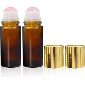 Warmify2 Pack Rose Quartz Roller Bottles for Essential Oils, 50ml Refillable Amber Glass Roll On Bottles with Natural Crystal Roller Balls, Leak-Proof Travel Perfume Bottle with Gold Caps in Kuwait