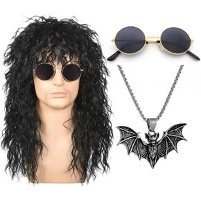 YWMAN 80s Rocker Halloween Costume Set with Long Black Wig, Round Sunglasses, Bat Pendant Necklace, Stainless Steel Chain, 23.6 Inch in Kuwait