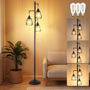 مصباح أرضي أسود قابل للتعتيم مقاس 70 بوصة لغرفة المعيشة ومزرعة 3 مصابيح طويلة مع عاكس الضوء في قفص الطيور لغرفة النوم ومصباح شجرة قائم على الأرض (متضمن لمبة 3xLED) - 315603BK in Kuwait