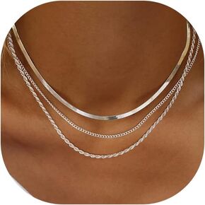 مجموعة قلادة من الذهب والفضة الاسترليني للنساء، قلادات سلسلة من 3 طبقات - قلادات حبل كوبي قابلة للتعديل ذات طبقات متعرجة للنساء هدية مجوهرات عصرية in Kuwait