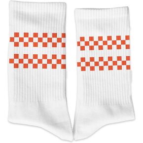 White Crew Socks with Orange Checkered Design – Comfortable Cotton Athletic Socks for Skateboarding, Street Fashion, Casual Wear.(045) in Kuwait