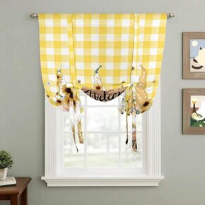 Gnomes Sunflower Tie Up Curtains for Window, Yellow Checkered Pastoral Botanical Wooden Thermal Insulated Balloon Shade Rod Pocket Curtains Valance Panels for Kitchen Bathroom Café 34'' x 45'' in Saudi Arabia