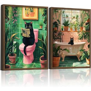 2 Pcs Wooden Framed Green Plant Bathroom Black Cat Wall Art Animal Bathroom Decor Painting Modern Canvas Prints Vintage Plant Poster Gallery Style Home Artwork 12X16Inch in Saudi Arabia