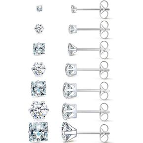 Square Round Diamond Stud Earrings Set 7 Pair Hypoallergenic Silver Gold Black Cubic Zirconia Diamond Surgical Steel Square Round CZ Stack Cartilage Multiple Piercing Stud Earring Set for Women Men in Saudi Arabia