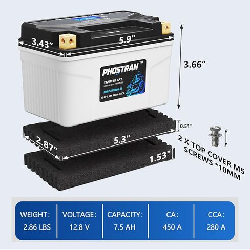 12V 7.5Ah Lithium Motorcycle Battery YTX14-BS/YTX9-BS/YTX12-BS,LiFePO4 Lithium Battery with Pure Copper Terminals, with 2 Universal-Fit EVA Spacers, Compatible with Motorcycle Lawn Mower ATV in Saudi Arabia