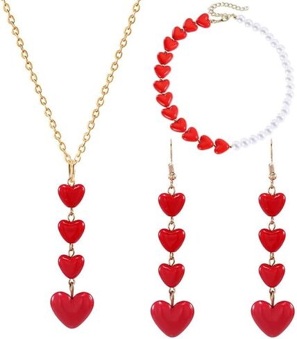 WCRAZYE Red Love Heart Earrings Necklace Bracelet Jewelry Set for Women Trendy Simple Valentine's Earrings Valentine's Jewelry in Saudi Arabia