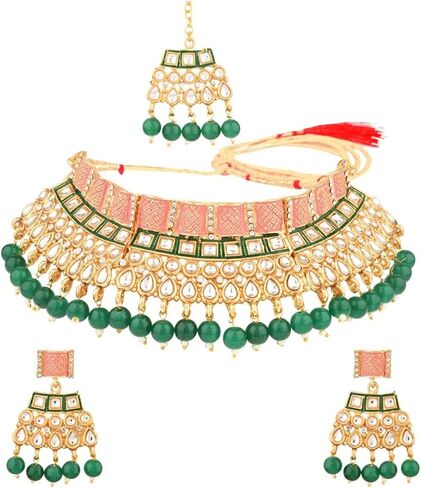 Efulgenz Indian Jewelry Sets for Women Bollywood Jewelry Traditional Crystal Pearl Wedding Bridal Choker Necklace Earrings Maang Tikka Jewelry Set in Saudi Arabia