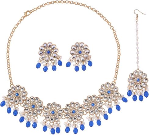 Jhumkas Indian Jewelry Sets for Women, Kundan Necklace Earrings & Maang Tikka Set, Bollywood Traditional Bridal Wedding Choker with Crystal & Faux Pearls in Gold Tone in Saudi Arabia