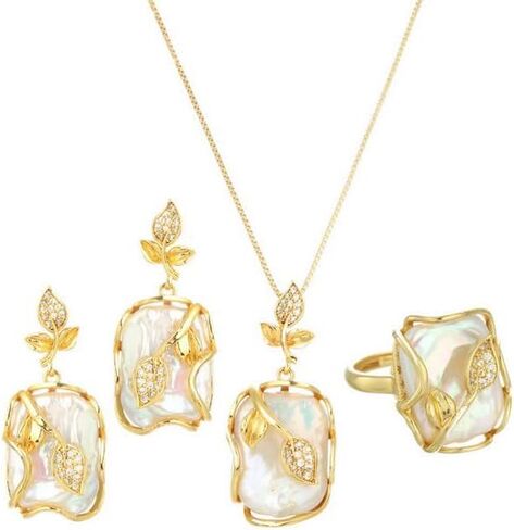 4-piece jewelry set, natural freshwater pearls, Baroque pearl necklace, earrings and rings, suitable for wedding occasions, brides, bridesmaids, birthday gifts in Saudi Arabia