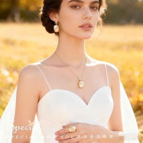 4-piece jewelry set, natural freshwater pearls, Baroque pearl necklace, earrings and rings, suitable for wedding occasions, brides, bridesmaids, birthday gifts in Saudi Arabia