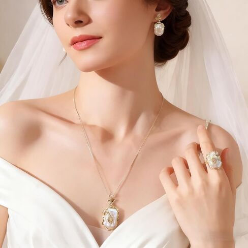 4-piece jewelry set, natural freshwater pearls, Baroque pearl necklace, earrings and rings, suitable for wedding occasions, brides, bridesmaids, birthday gifts in Saudi Arabia