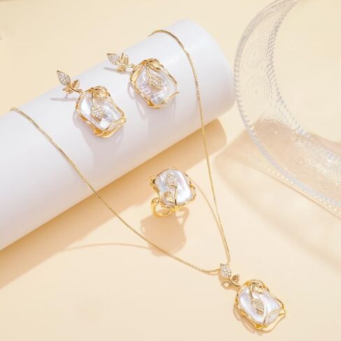 4-piece jewelry set, natural freshwater pearls, Baroque pearl necklace, earrings and rings, suitable for wedding occasions, brides, bridesmaids, birthday gifts in Saudi Arabia