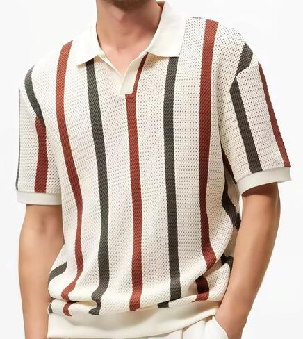 Striped Short Sleeve Shirt for Men, Collar without Buckle, Ventilate Knit Mesh Retro Polo Top, Summer Casual Style in Saudi Arabia