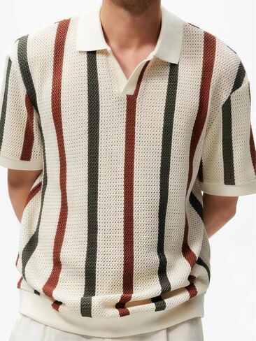 Striped Short Sleeve Shirt for Men, Collar without Buckle, Ventilate Knit Mesh Retro Polo Top, Summer Casual Style in Saudi Arabia