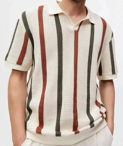 Striped Short Sleeve Shirt for Men, Collar without Buckle, Ventilate Knit Mesh Retro Polo Top, Summer Casual Style in Saudi Arabia