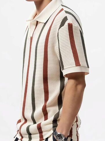 Striped Short Sleeve Shirt for Men, Collar without Buckle, Ventilate Knit Mesh Retro Polo Top, Summer Casual Style in Saudi Arabia