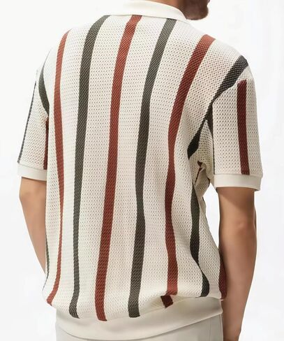 Striped Short Sleeve Shirt for Men, Collar without Buckle, Ventilate Knit Mesh Retro Polo Top, Summer Casual Style in Saudi Arabia