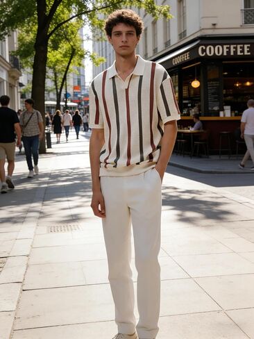 Striped Short Sleeve Shirt for Men, Collar without Buckle, Ventilate Knit Mesh Retro Polo Top, Summer Casual Style in Saudi Arabia