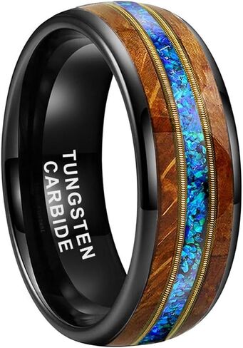 TUTISS 8mm Tungsten Rings for Men Women Engagement Wedding Bands Whisky Barrel Wood Guitar String Blue Opal Inlay Domed Polished Comfort Fit in Kuwait