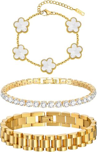 Stackable Gold Floral Bracelets Set - 3pcs 18K Gold Plated Bracelet Non-tarnish,Stainless Steel Link Chain Friendship Bracelet,Watch Band Trendy Jewelry,Christmas Valentines Birthday Gifts for Women in Kuwait