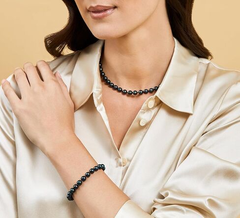 The Pearl Source 14K Gold 7-7.5mm Round Black Japanese Akoya Saltwater Cultured Pearl Bracelet for Women in Saudi Arabia