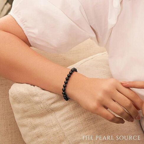 The Pearl Source 14K Gold 7-7.5mm Round Black Japanese Akoya Saltwater Cultured Pearl Bracelet for Women in Saudi Arabia