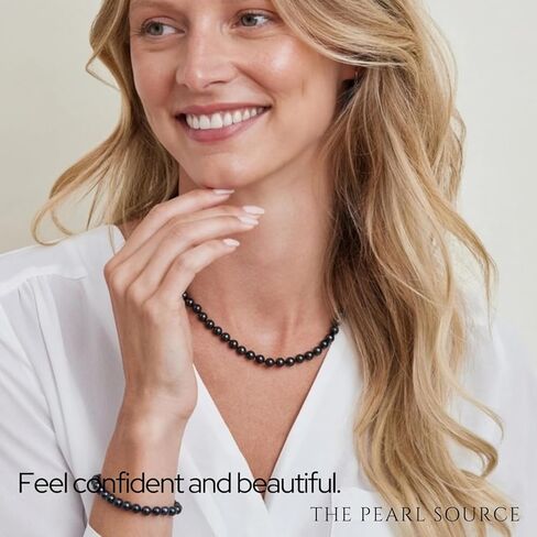 The Pearl Source 14K Gold 7-7.5mm Round Black Japanese Akoya Saltwater Cultured Pearl Bracelet for Women in Saudi Arabia