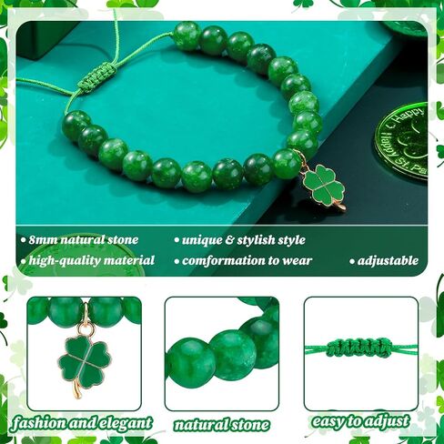 Highergo 12 Set St. Patrick's Day Charm Bracelet Irish Green Nature Stone Lucky Clover Beaded Adjustable Bracelet for Women Irish Festive Jewelry Gifts in Saudi Arabia