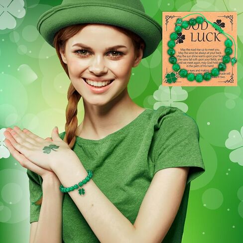 Highergo 12 Set St. Patrick's Day Charm Bracelet Irish Green Nature Stone Lucky Clover Beaded Adjustable Bracelet for Women Irish Festive Jewelry Gifts in Saudi Arabia