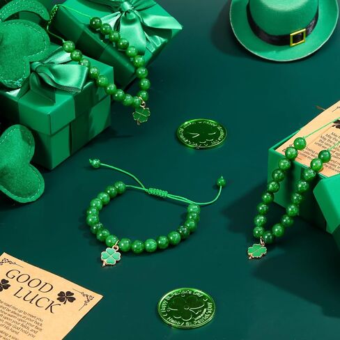 Highergo 12 Set St. Patrick's Day Charm Bracelet Irish Green Nature Stone Lucky Clover Beaded Adjustable Bracelet for Women Irish Festive Jewelry Gifts in Saudi Arabia