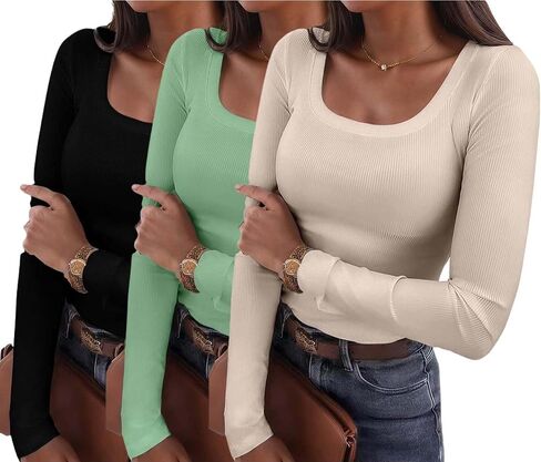 Womens 3 Packs Casual Long Sleeve Stretch Scoop Neck Basic Ribbed T-Shirt Slim Fit Casual Basic Tops S-XXL in Saudi Arabia