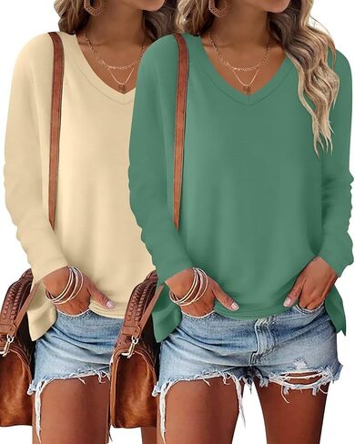 Bliwov 2 حزمة المرأة طويلة الأكمام الخامس الرقبة قمم الخريف الشتاء وتتسابق الربيع العصرية تي شيرت 2026 ملابس عصرية غير رسمية in Kuwait