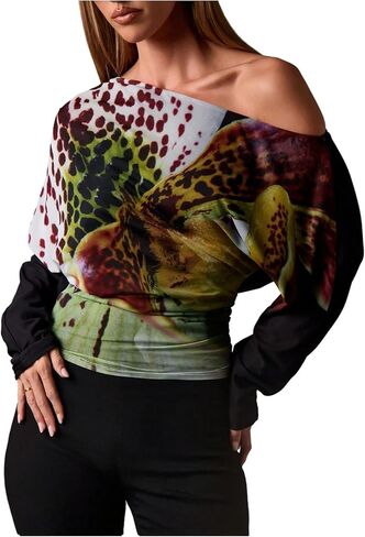 SweatyRocks Women's Off The Shoulder Floral Print Cinched Waist Tops Long Sleeve Ruched Mesh Going Out Tees in Saudi Arabia